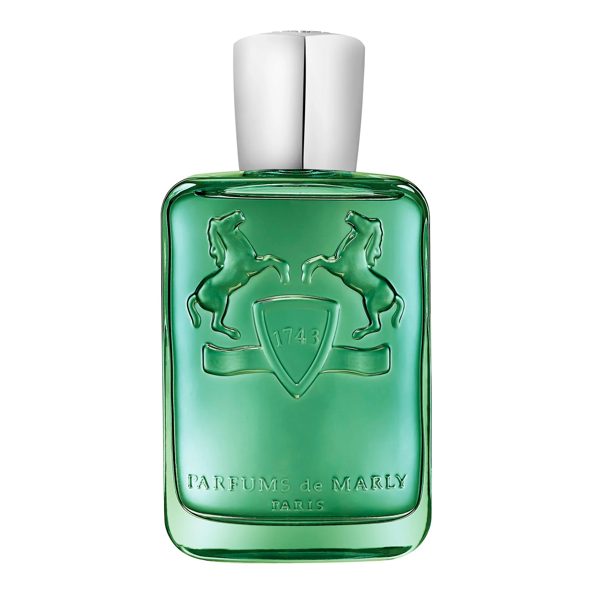 Green perfume bottle with silver cap on a white background