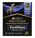 Purina Pro Plan FortiFlora canine probiotic supplement packaging with a dog on a black background
