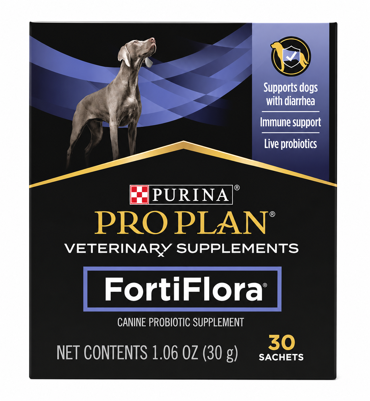 Purina Pro Plan FortiFlora canine probiotic supplement packaging with a dog on a black background