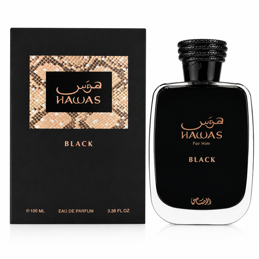 Hawas Black perfume bottle and packaging on a white background