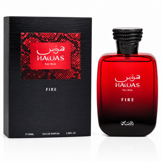 Red perfume bottle and packaging with 'Hawas' branding on a white background