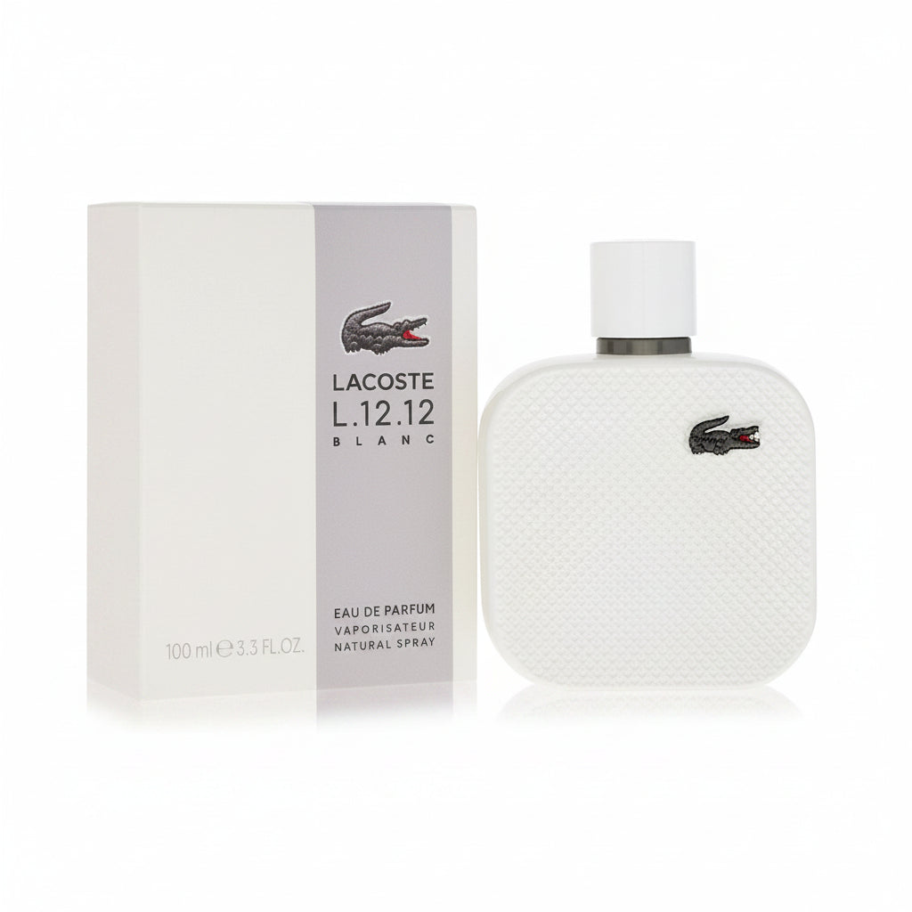 Lacoste L.12.12 Blanc perfume bottle and packaging on a white background
