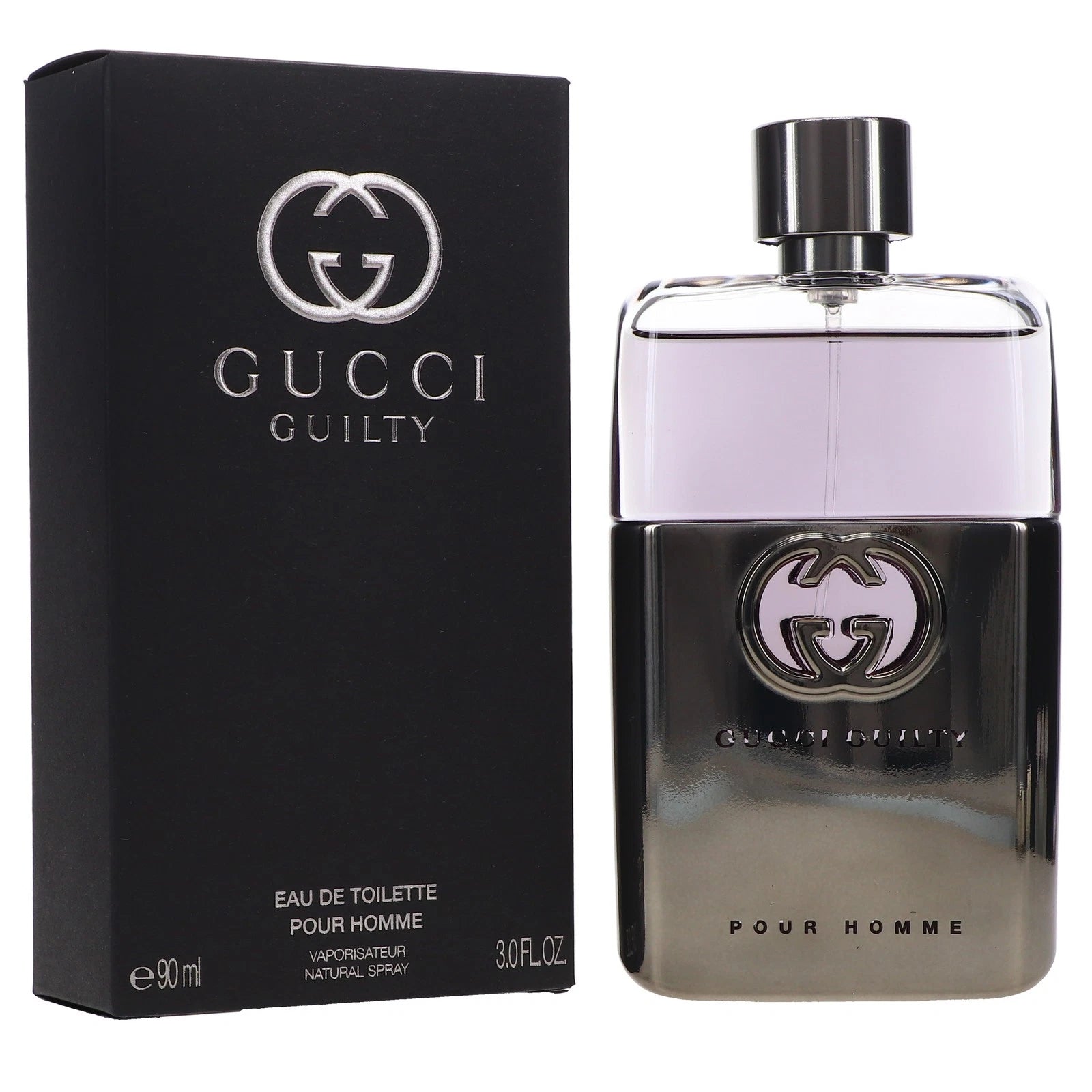 Gucci Guilty Pour Homme perfume bottle and packaging on a white background