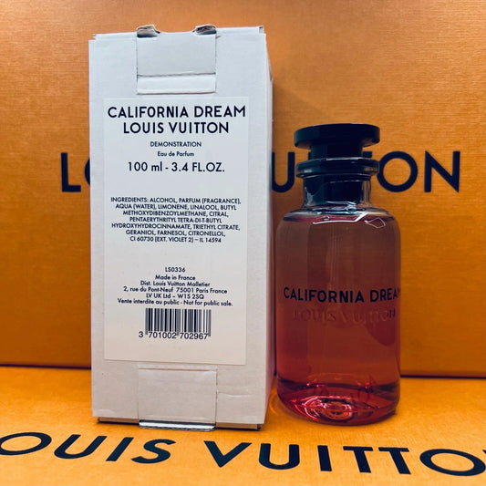 Louis Vuitton California Dream perfume bottle and packaging on a branded background