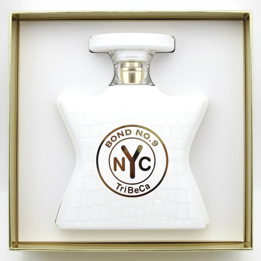 Perfume bottle with 'Bond No. 9 NYC Tribeca' logo in a gold box