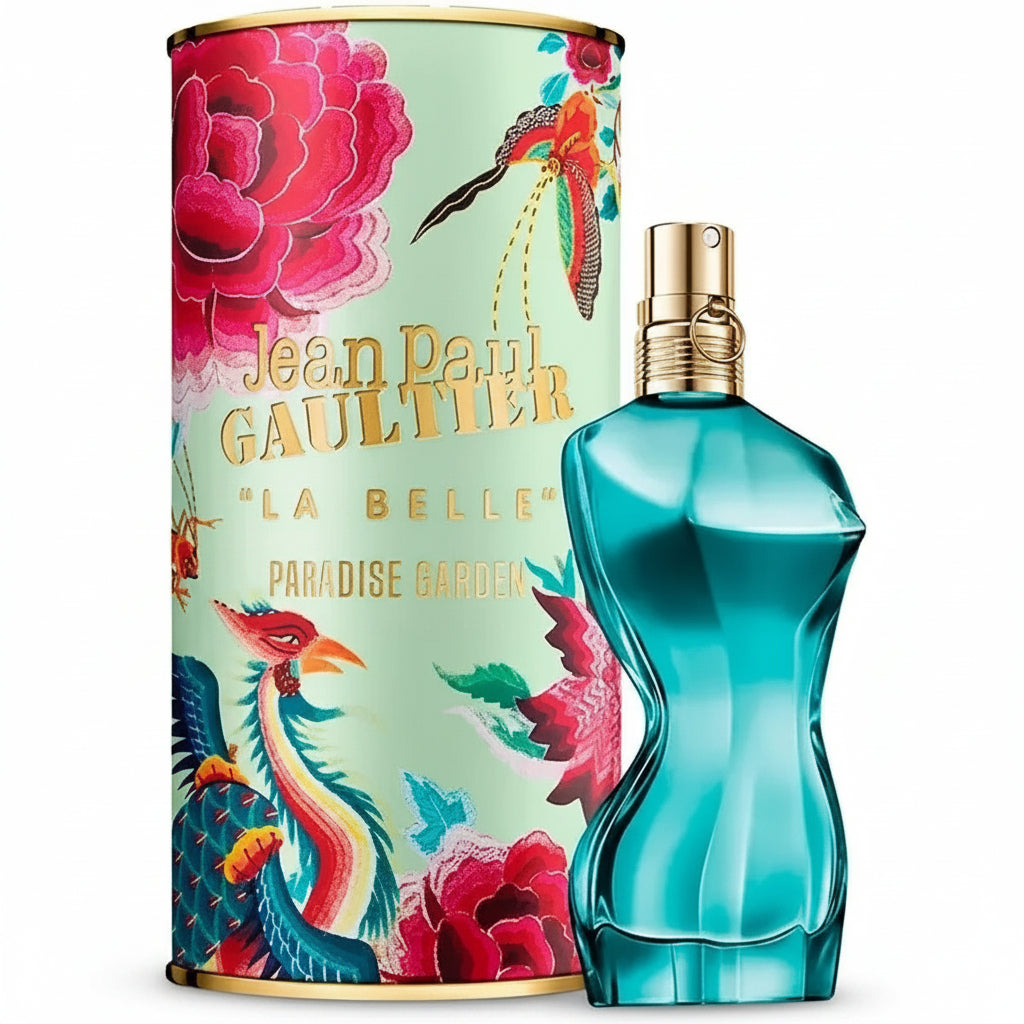 Jean Paul Gaultier La Belle Paradise Garden perfume bottle and packaging on a white background