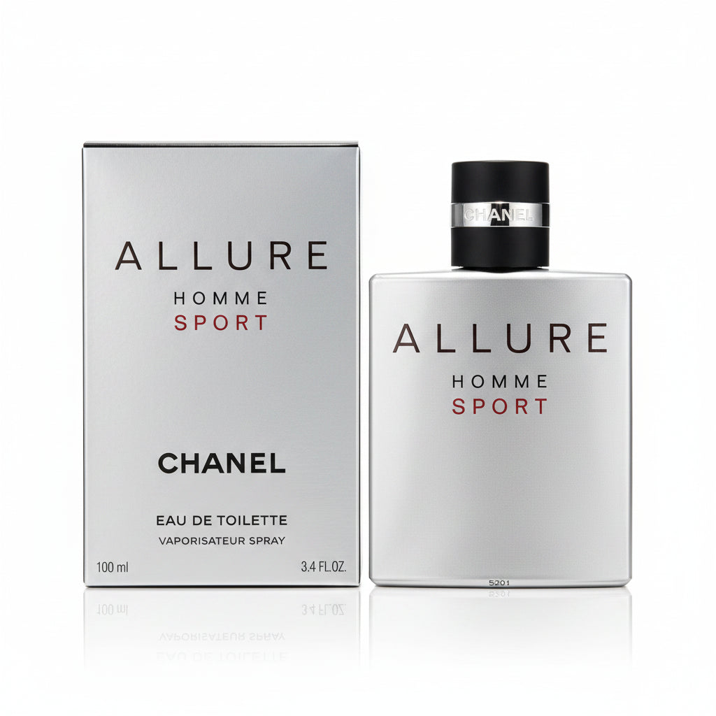 Chanel Allure Homme Sport perfume bottle and packaging on a gray background
