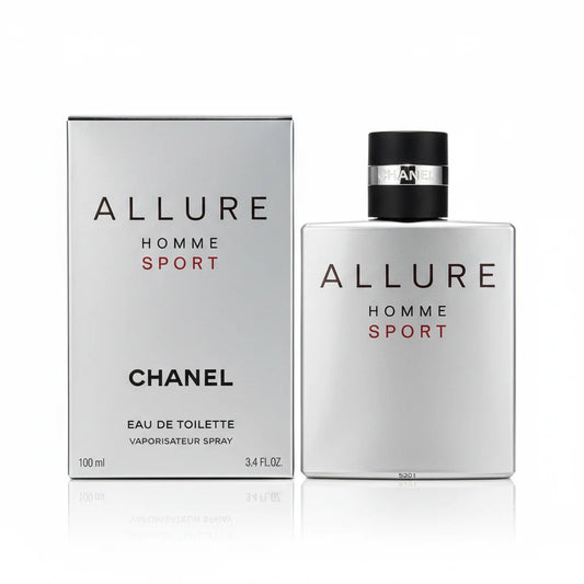 Chanel Allure Homme Sport perfume bottle and packaging on a gray background