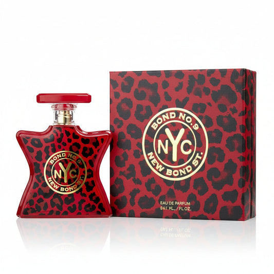 Red leopard print perfume bottle and packaging with 'Bond No. 9' logo on a white background