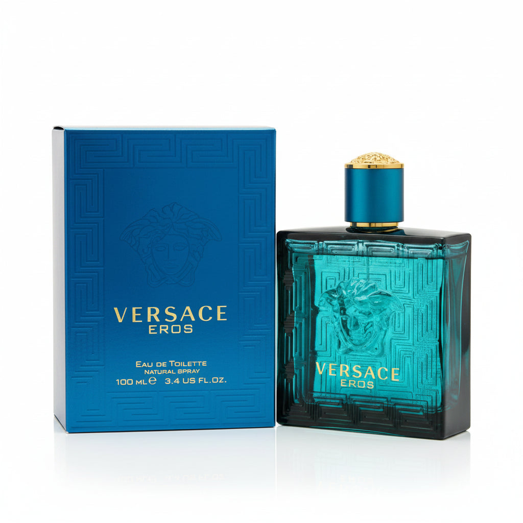 Versace Eros perfume bottle and packaging on a white background