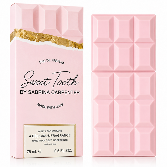 Pink chocolate bar-shaped perfume packaging with 'Sweet Tooth by Sabrina Carpenter' branding.