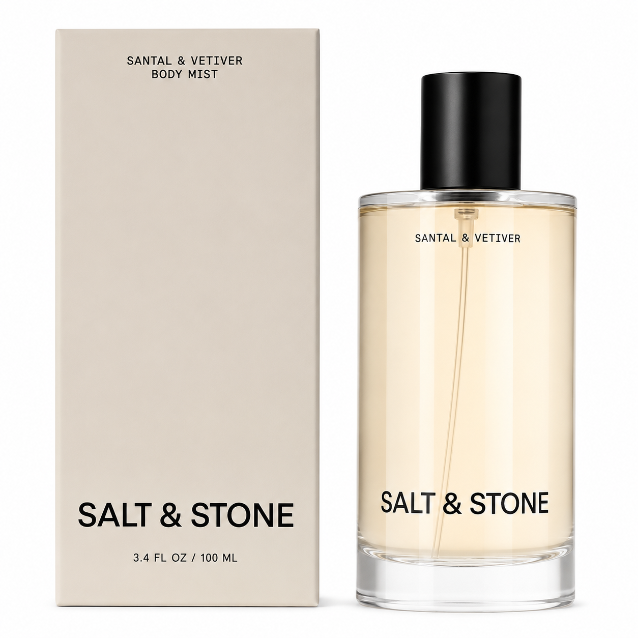 Salt & Stone Santal & Vetiver body mist bottle and packaging on a white background