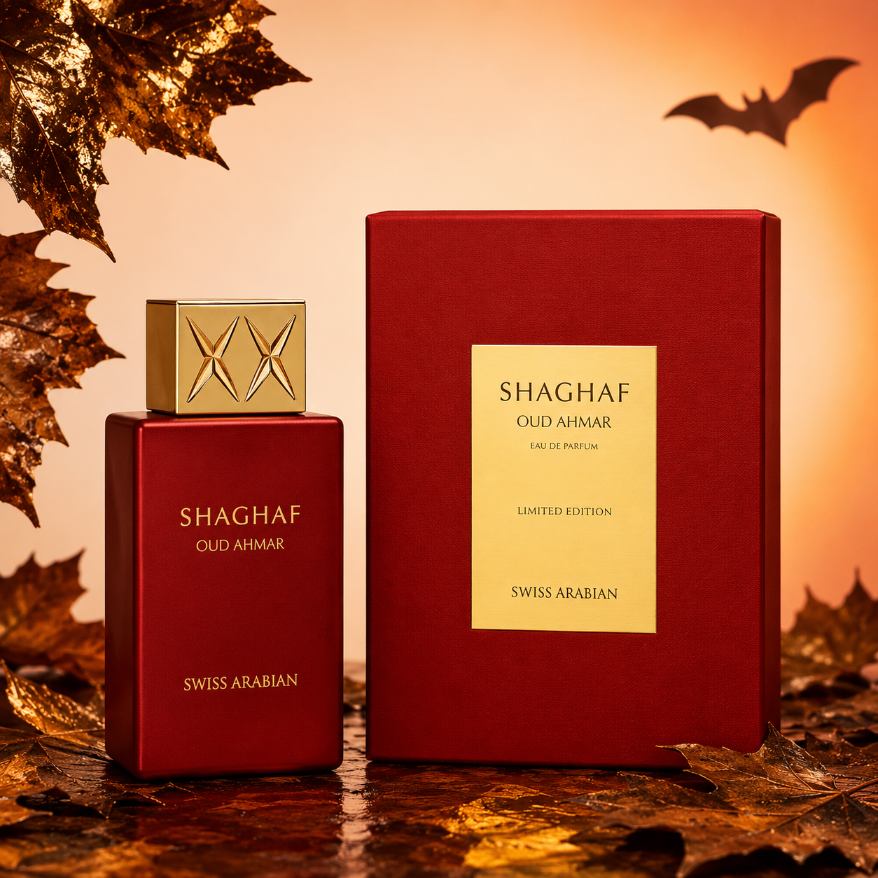 Shaghaf Oud Ahmar perfume bottle and packaging on a warm-toned background with leaves and bats.