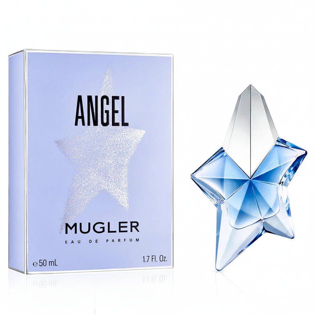 Mugler Angel perfume bottle and packaging on a white background