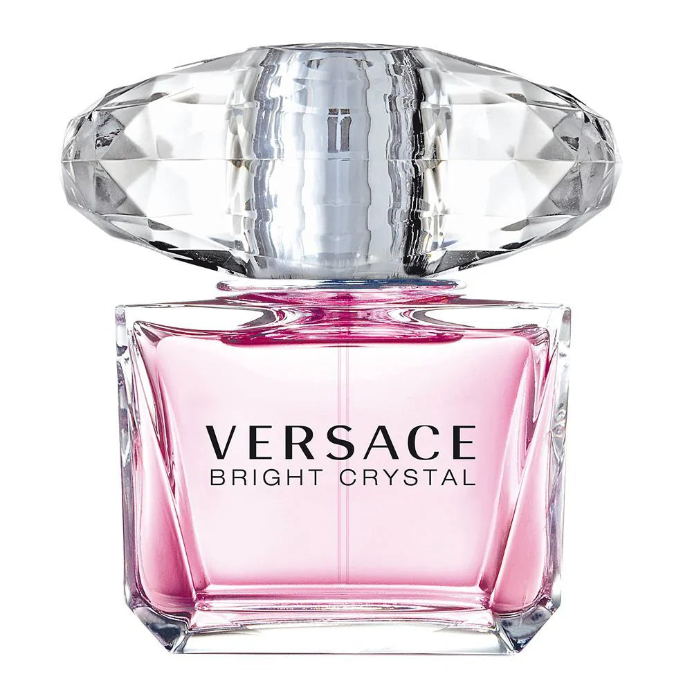 Versace Bright Crystal perfume bottle with pink base and clear cap on a white background