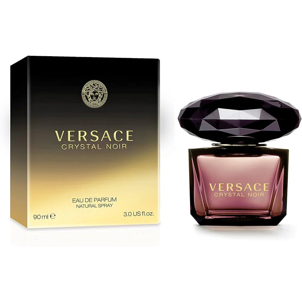 Versace Crystal Noir perfume bottle and packaging on a white background