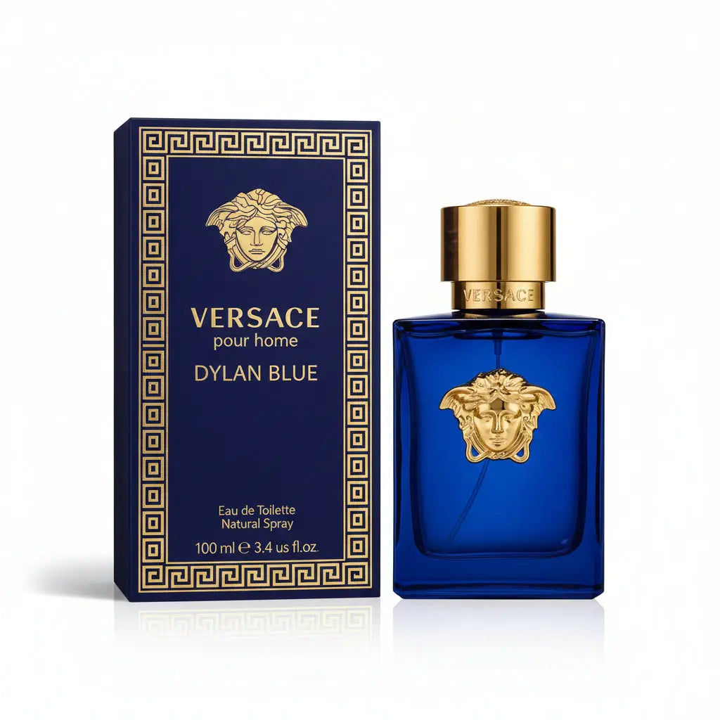 Versace Dylan Blue perfume bottle and packaging on a white background