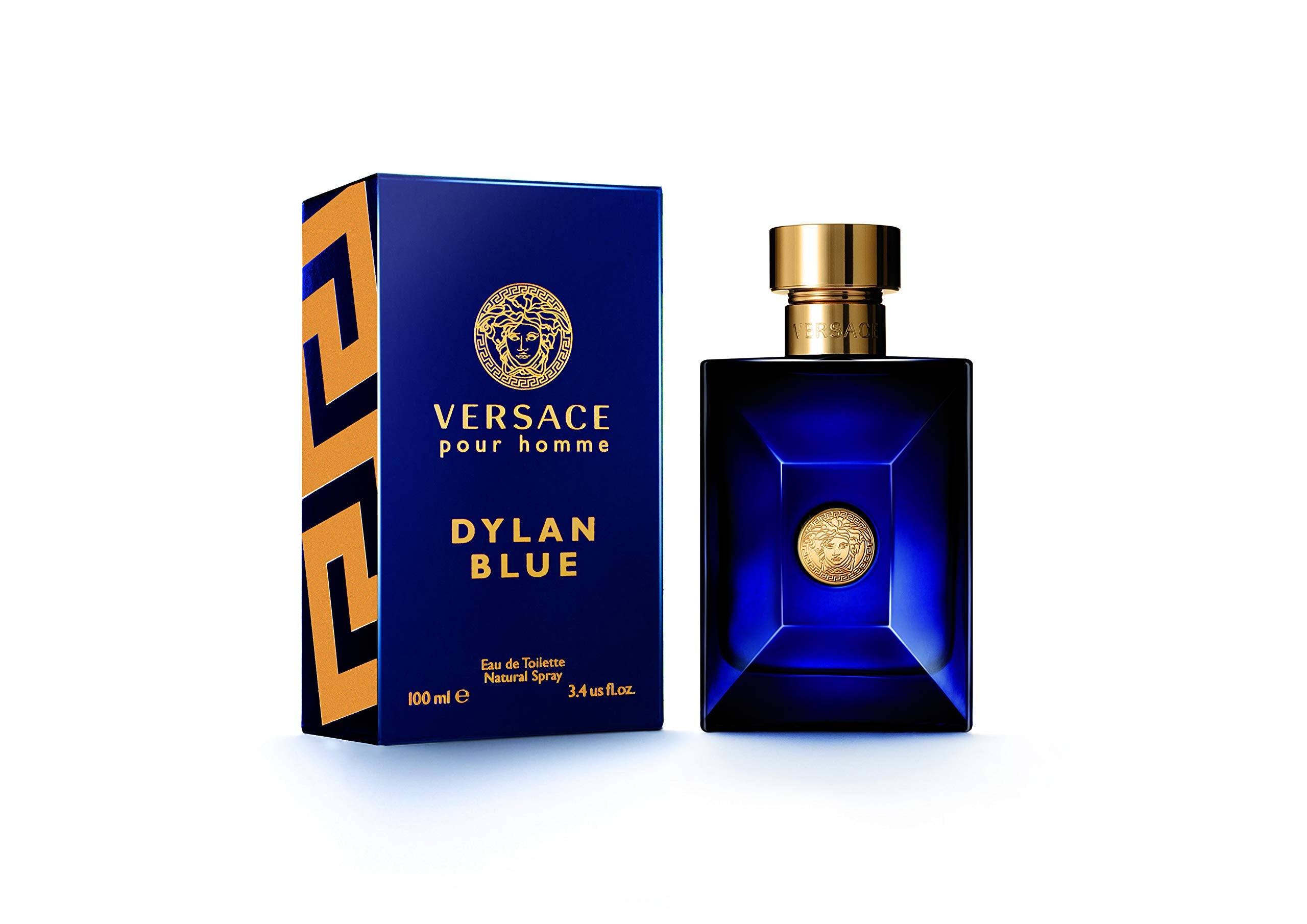 Versace Dylan Blue perfume bottle and packaging on a white background