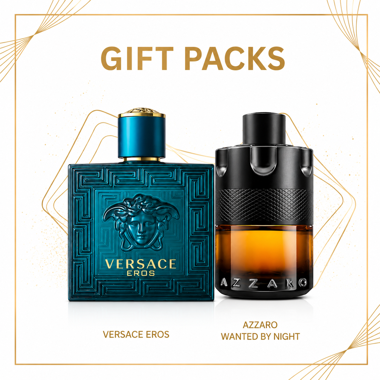 Two perfume bottles, Versace Eros and Azzaro Wanted by Night, on a white background with decorative elements.