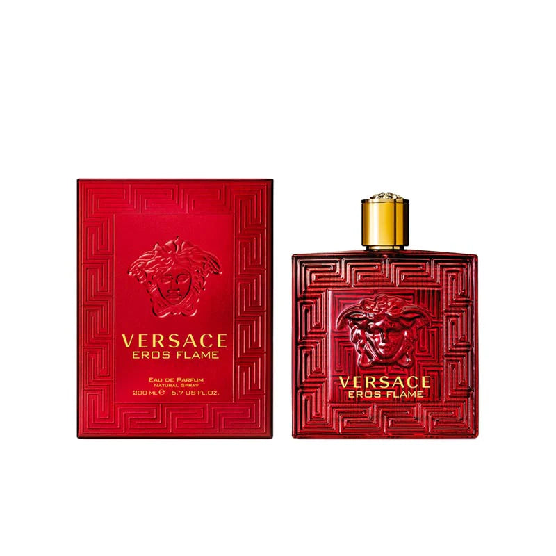Versace Eros Flame perfume bottle and packaging on a white background