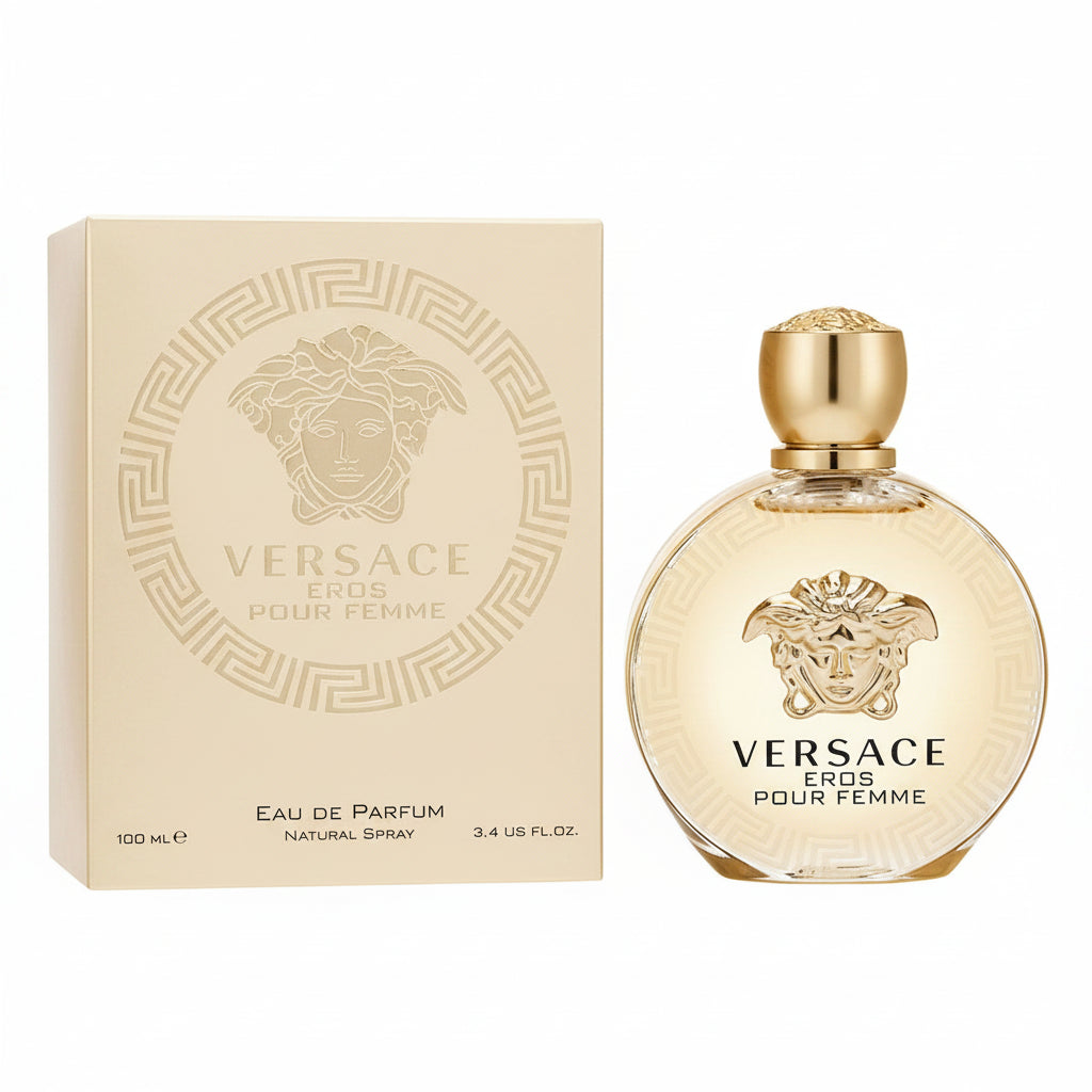 Versace Eros pour Femme perfume bottle and packaging on a white background